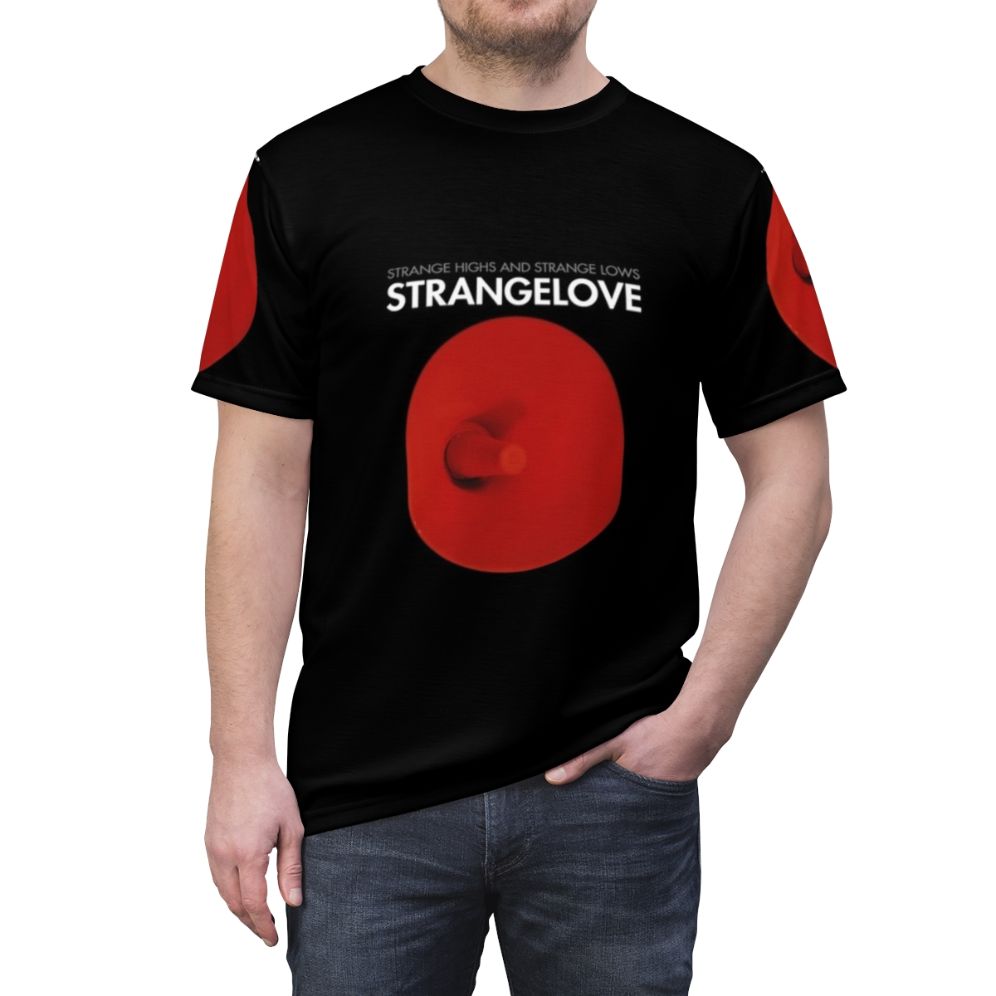 Strange Love Synth Pop T-shirt featuring retro 1980s style graphics - men front