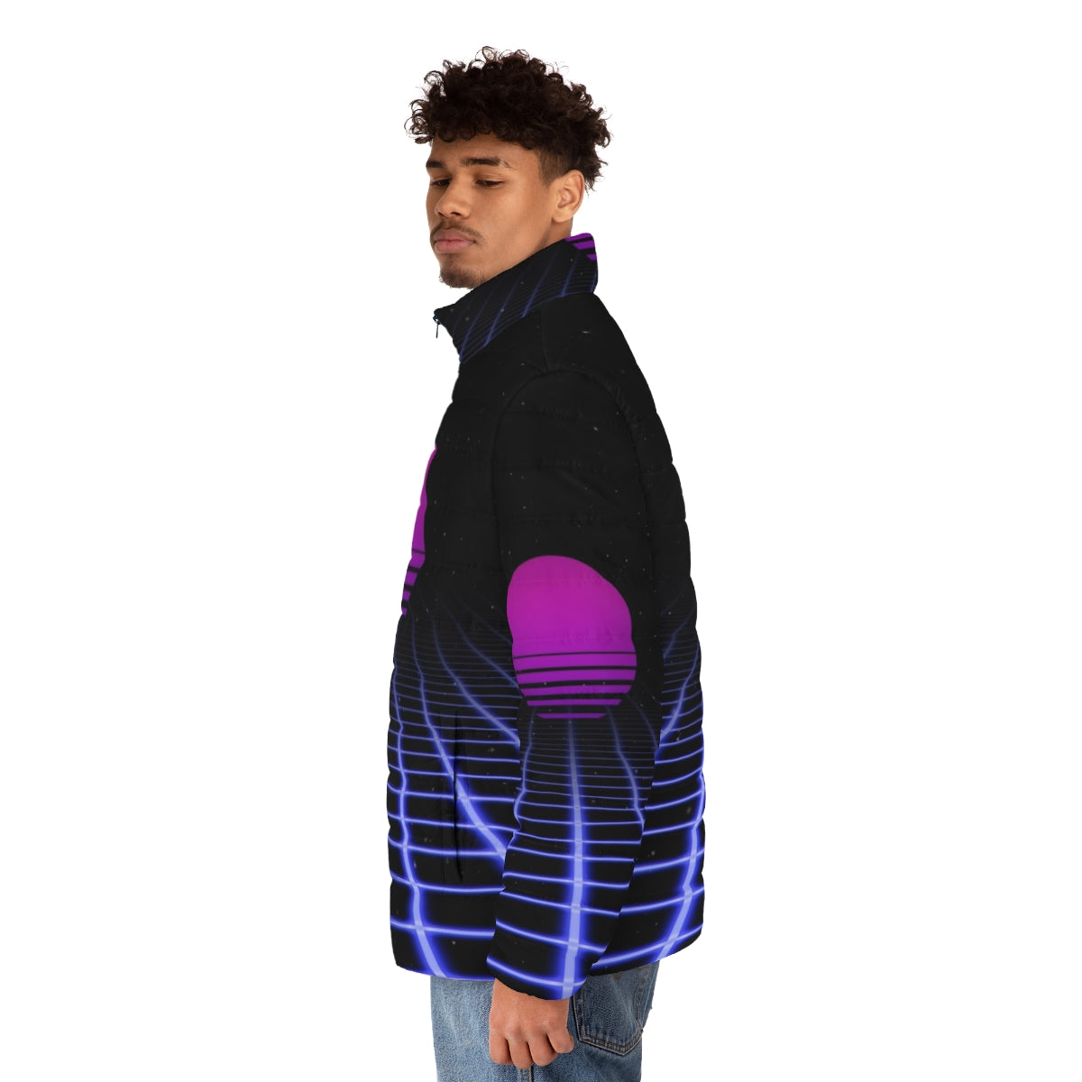 80s digital sunset aesthetic puffer jacket with glowing grid design - men side left