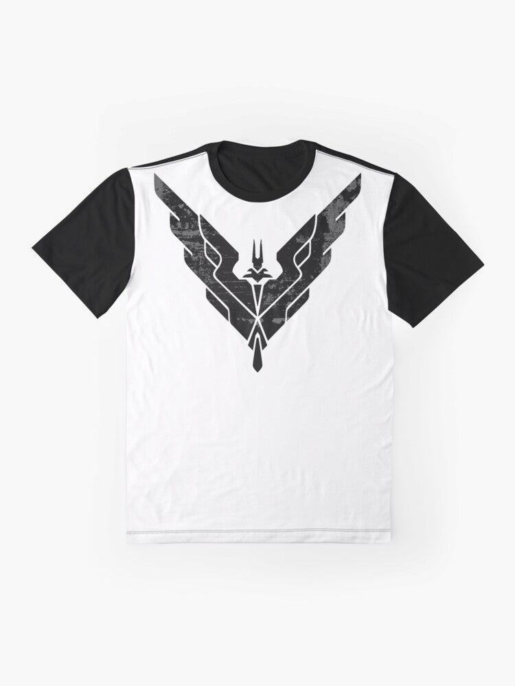 Elite Dangerous Elite Rank Graphic T-Shirt featuring the iconic logo and design elements from the popular space simulation game. - Flat lay