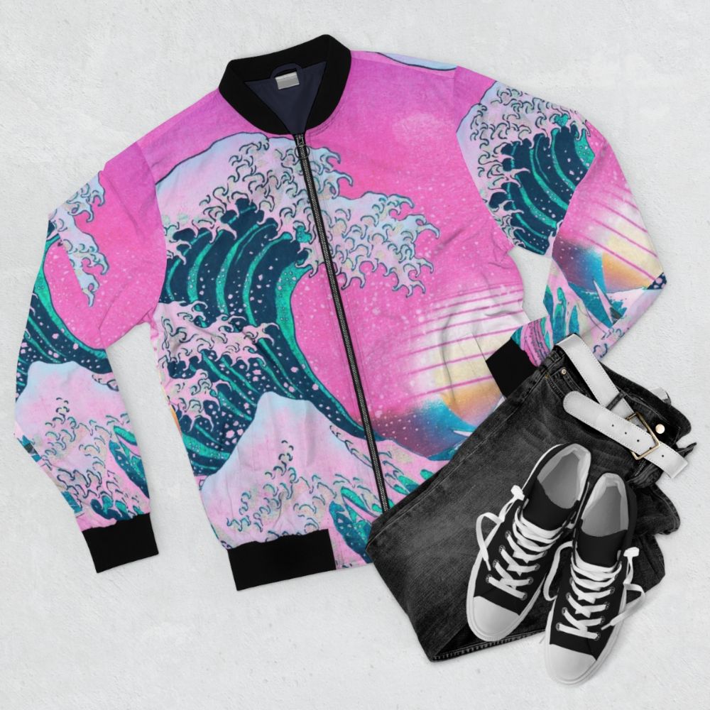 Vaporwave aesthetic retro sunset bomber jacket with Great Wave off Kanagawa design - Flat lay