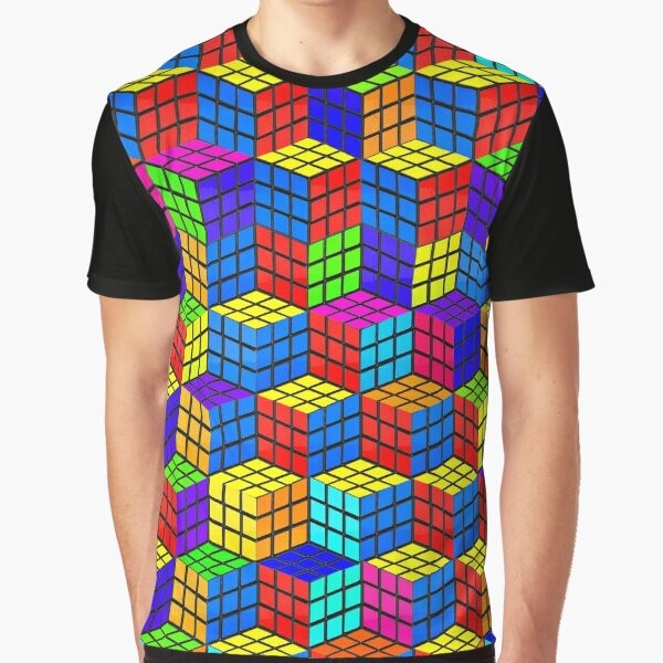 A vibrant and eye-catching graphic t-shirt featuring a Rubik's cube inspired optical illusion design with a Escher-esque, geometric, and abstract style.