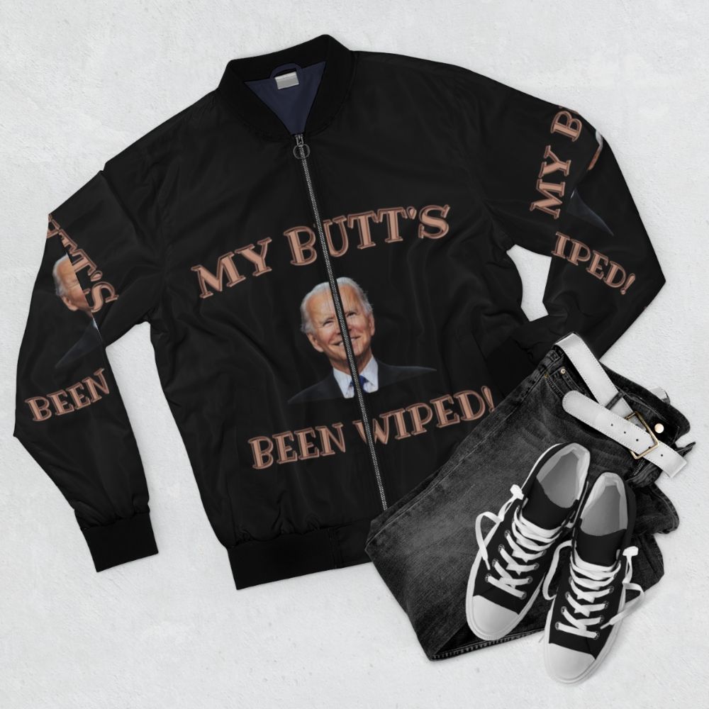 "MY BUTT'S BEEN WIPED!" Joe Biden Bomber Jacket - Flat lay