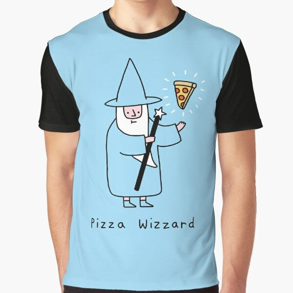 Pizza Wizard Graphic T-Shirt featuring a whimsical design of a wizard with pizza elements