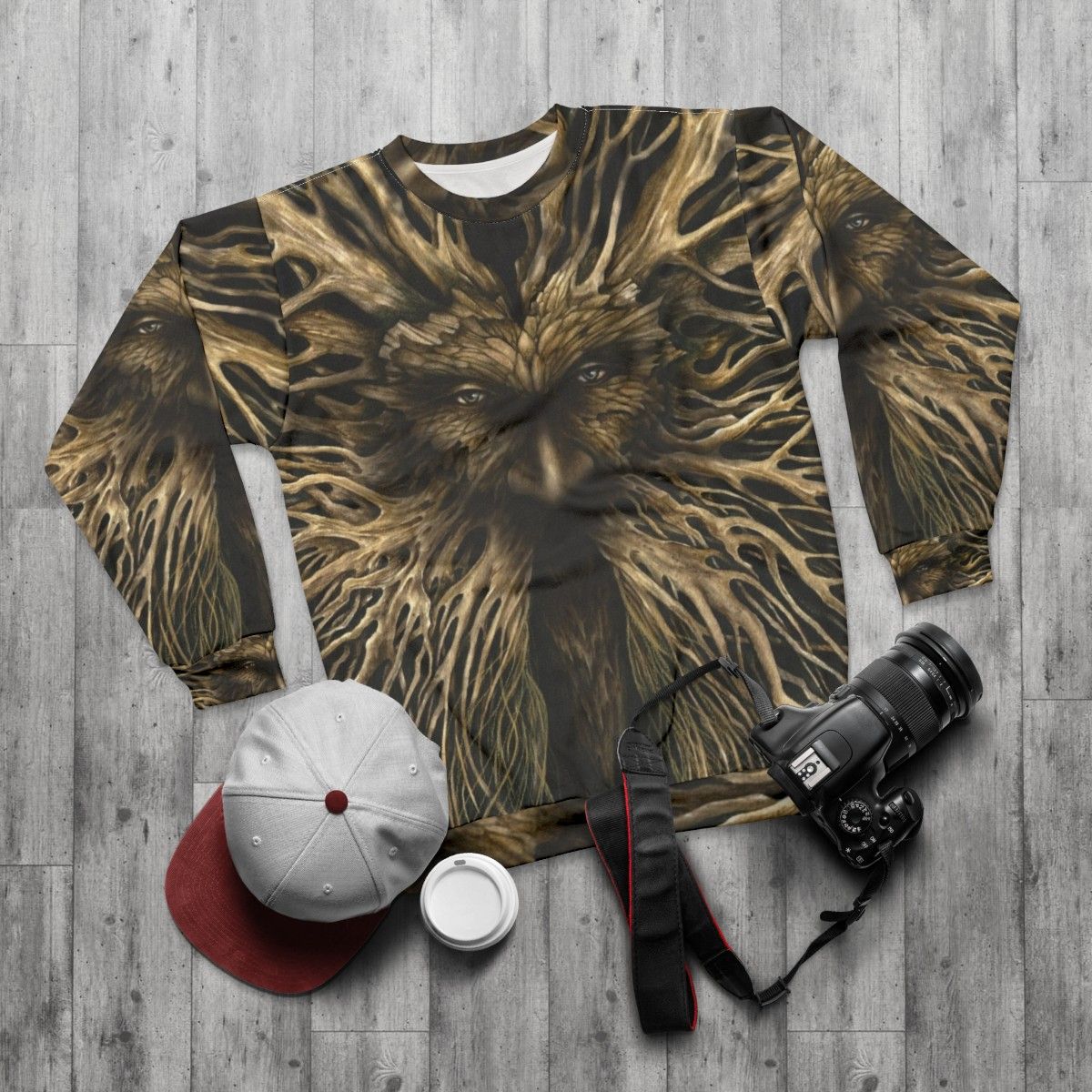 Lord of the Greenwood nature themed sweatshirt with leaf pattern design - flat lay