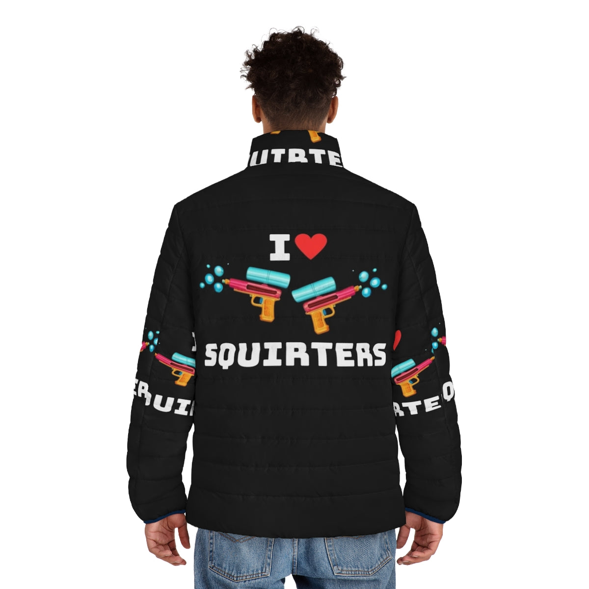 Puffer jacket with cute squirrel graphic for squirrel lovers - men back