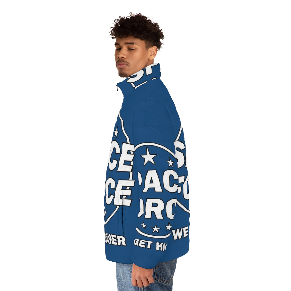 Space Force Puffer Jacket with Astronaut and Moon Graphic - men side left