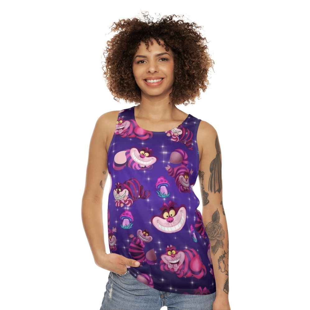 Cheshire cat and mushrooms fantasy unisex tank top - women