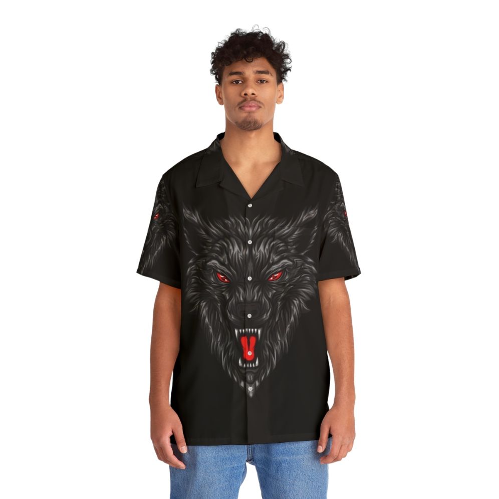 Savage wolf with black fur and red eyes printed on a Hawaiian style shirt - People Front