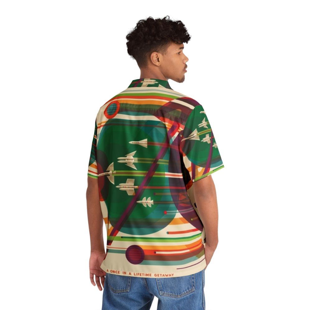 Retro space-themed Hawaiian shirt with rocket ships, planets, and galaxy prints - People Back