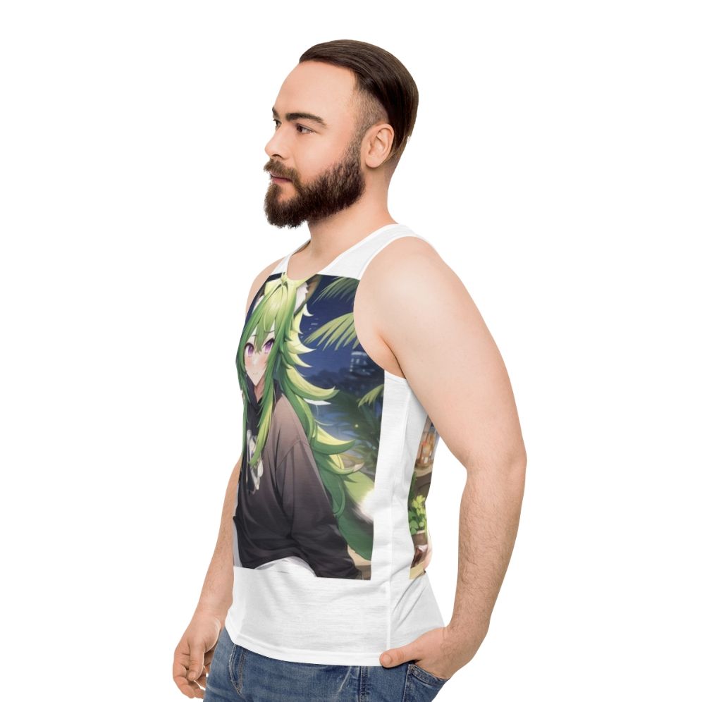 Kawaii anime boy wearing unisex tank top with raccoon hybrid design - men side