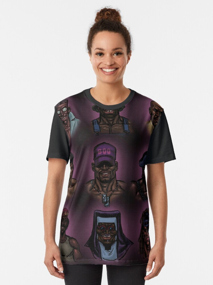 Vibrant graphic t-shirt featuring African American cartoon characters in a comic art style - Women