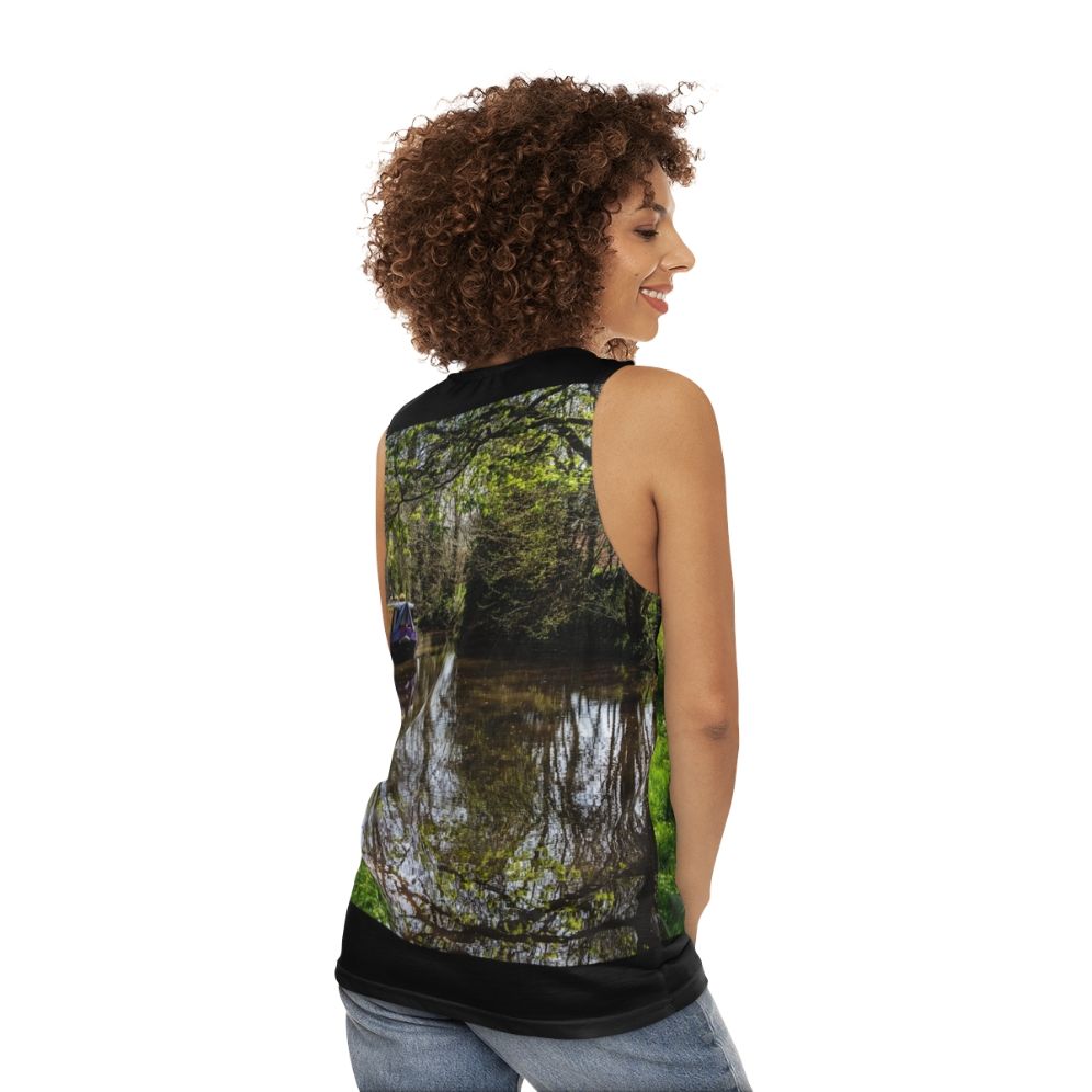 Unisex tank top with a peaceful canal barge scene - women back