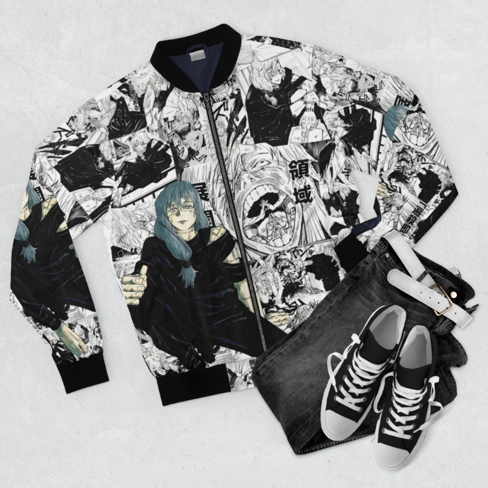 Aoi Mahito Jujutsu Kaisen anime-inspired black and white bomber jacket - Flat lay