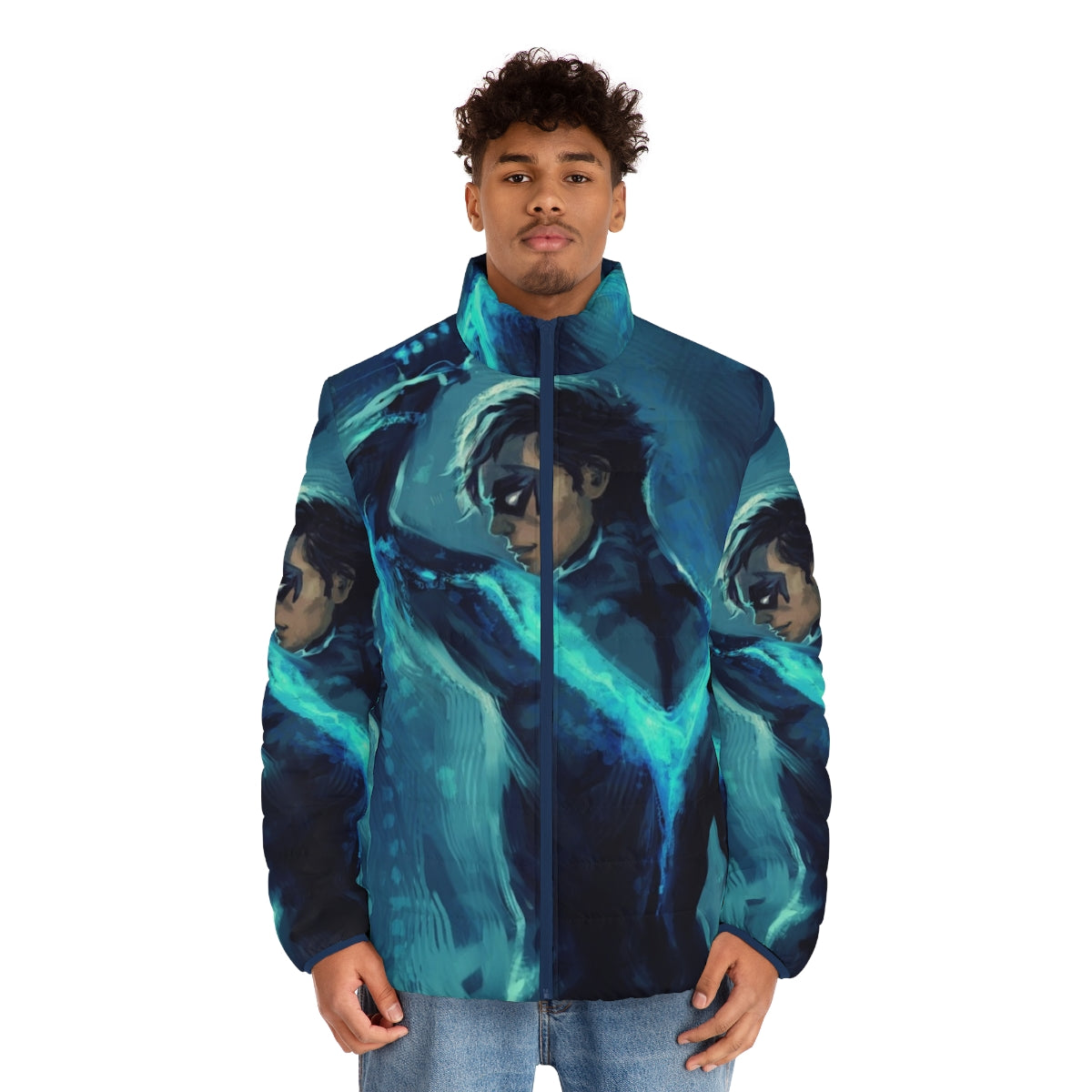 Nightwing Puffer Jacket with blue color and superhero design - men front