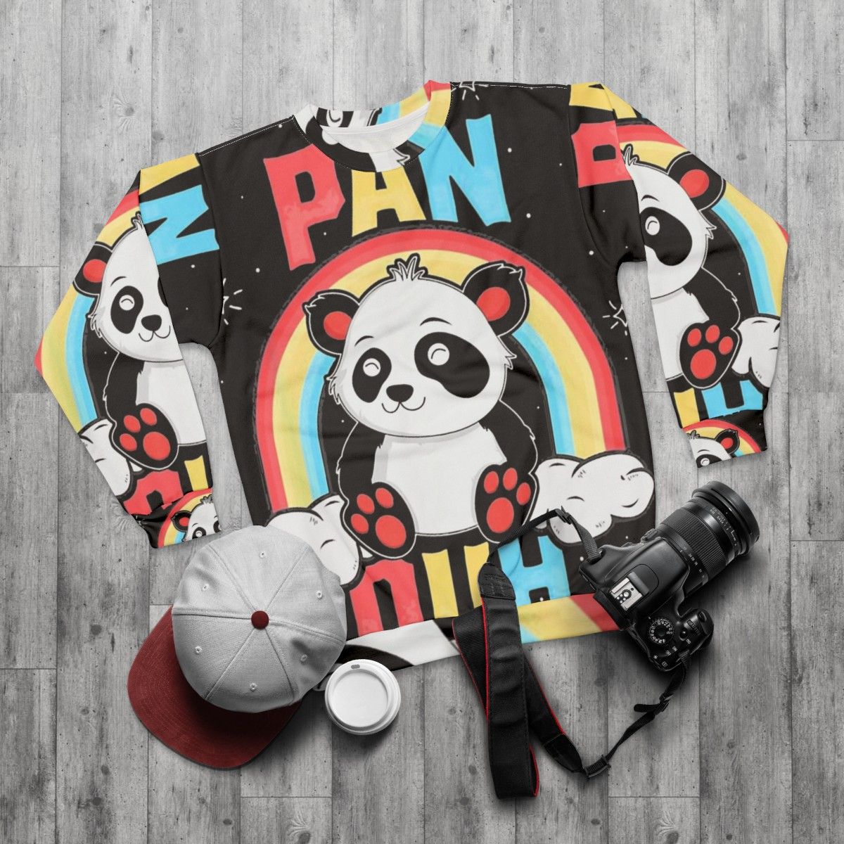 Colorful panda graphic design for LGBT sweatshirt - flat lay