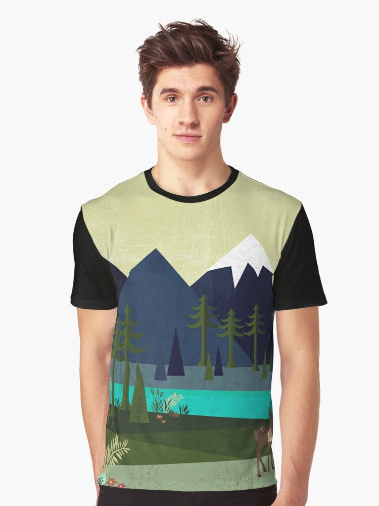 Graphic t-shirt featuring a peaceful landscape with deer, trees, and a river - Men