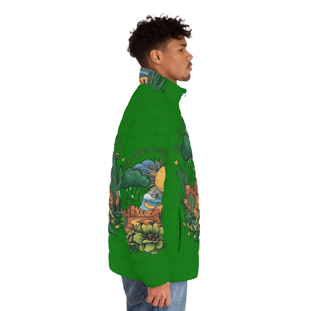 Woman wearing a floral print puffer jacket standing in a desert landscape - men side right