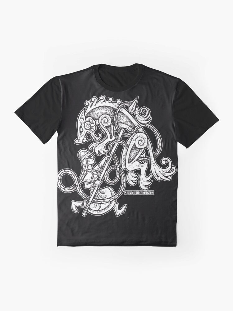 Shieldmaiden huntress graphic t-shirt featuring a fierce female warrior with wolf motifs in a viking/Norse design - Flat lay