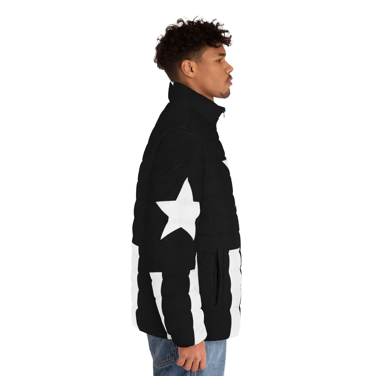 Black puffer jacket with cap, perfect for comic book superhero cosplay - men side right