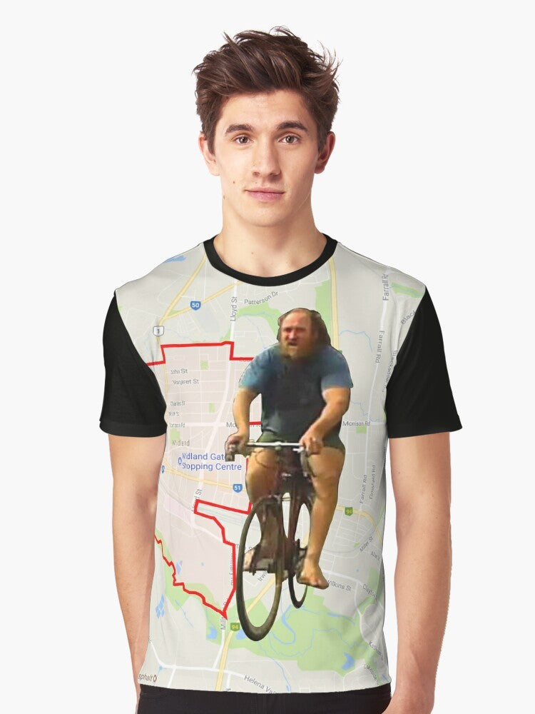 Mad dog graphic t-shirt featuring a funny illustration of a dog riding a bike in Australia - Men