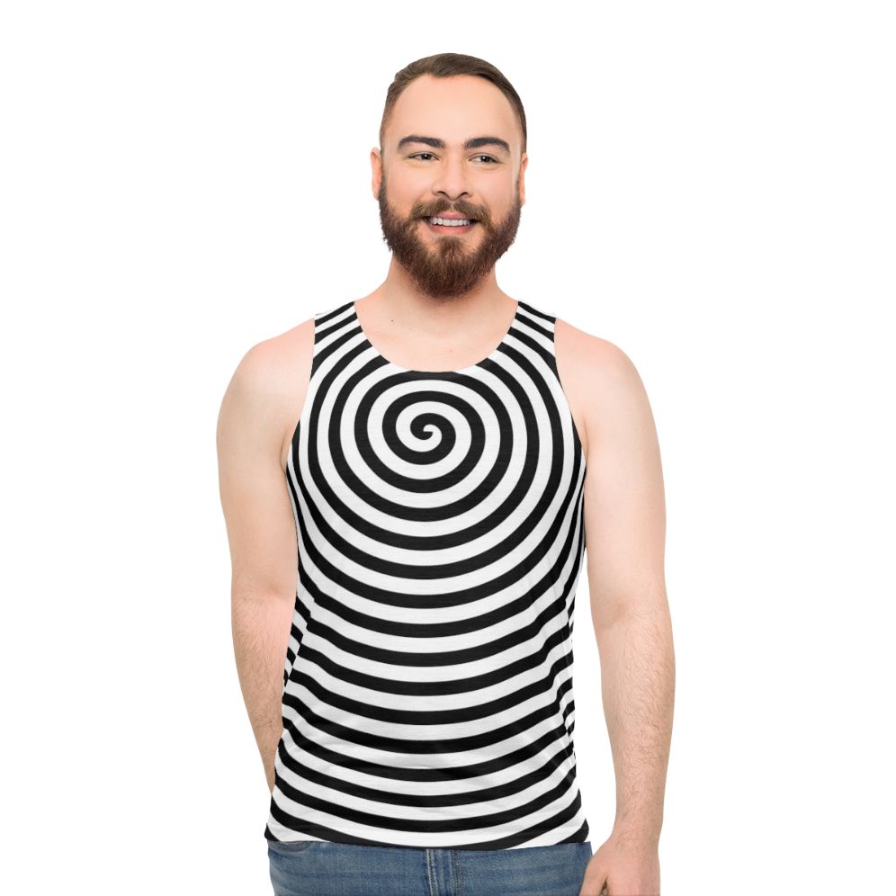 Unisex tank top with psychedelic black and white spiral design - men