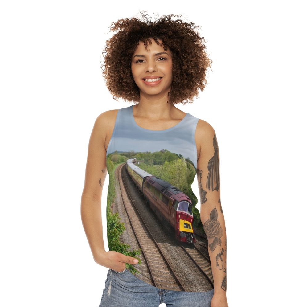 Unisex tank top with railway and western design - women