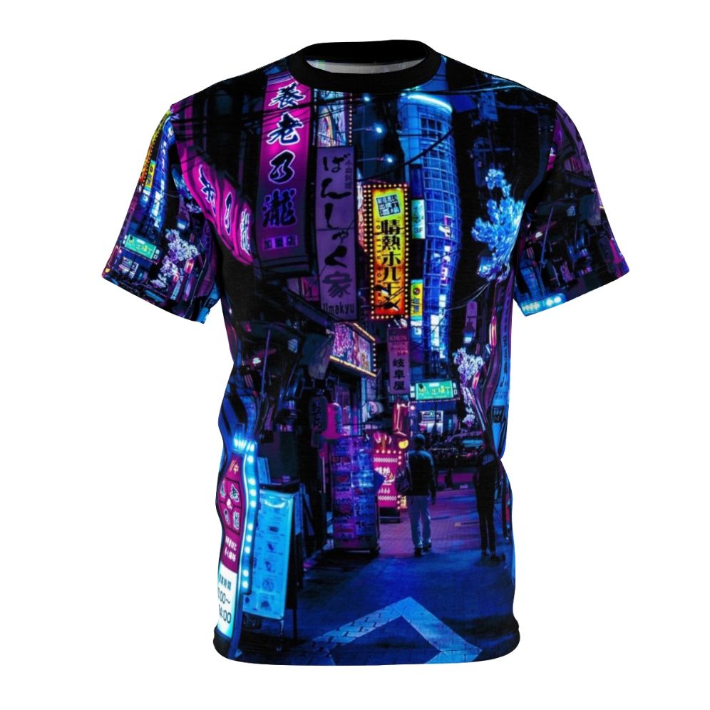 Cyberpunk-inspired t-shirt with a neon graphic of an alley in Tokyo, Japan.