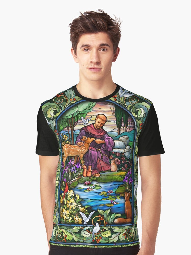 Eco-friendly St. Francis stained glass graphic t-shirt with decorative border and animals - Men