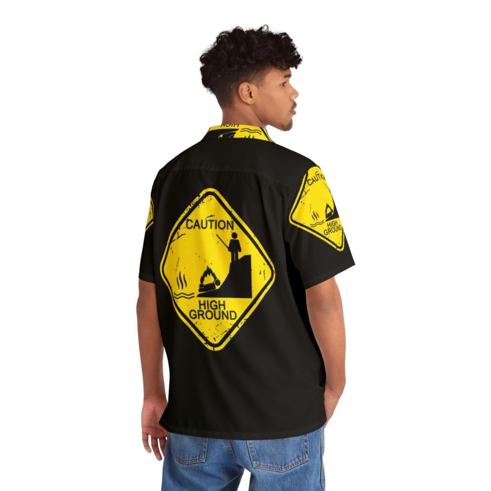 Caution High Ground Hawaiian Shirt with Stick Figure Design - People Back