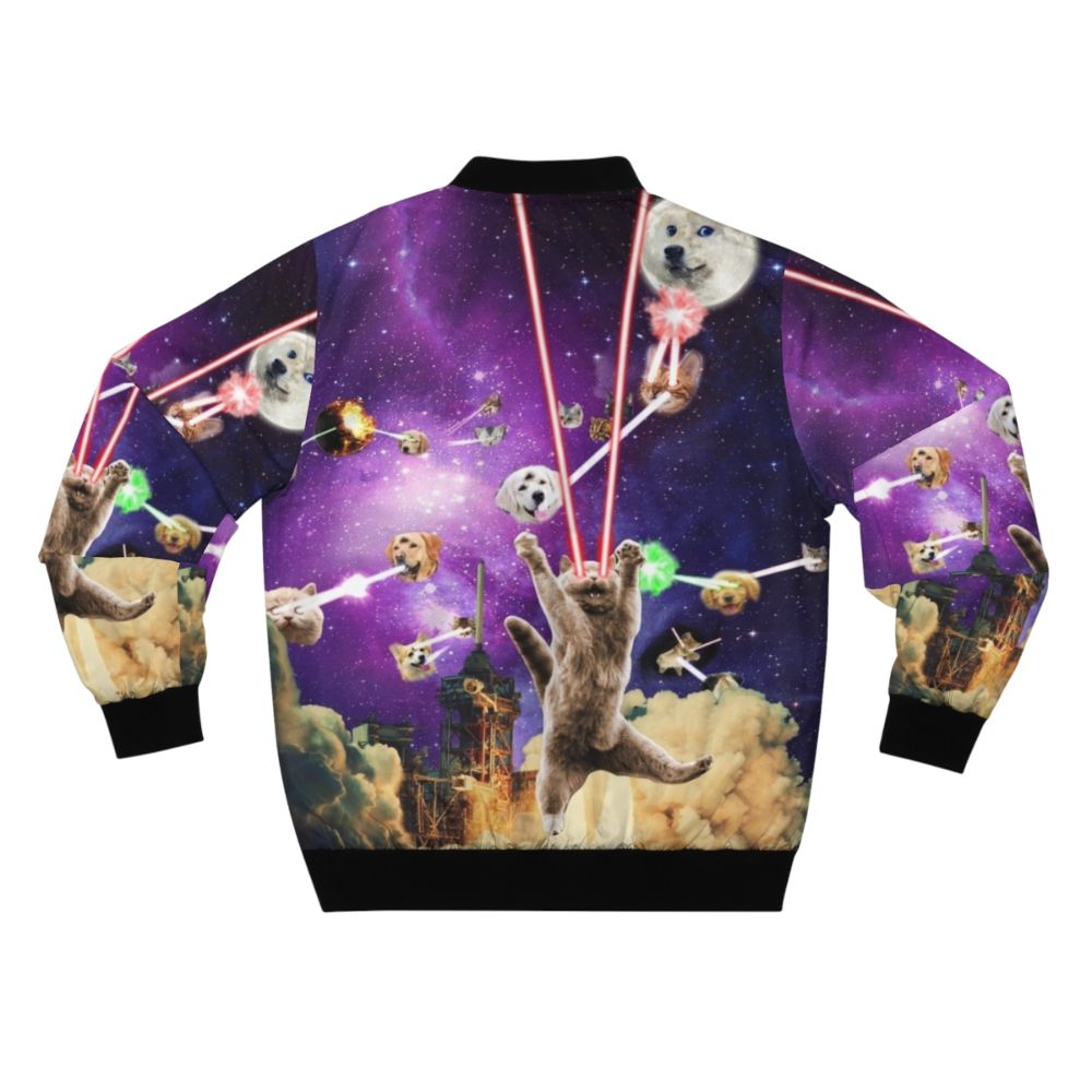 A bomber jacket featuring cats with laser eyes in a space-themed design - Back