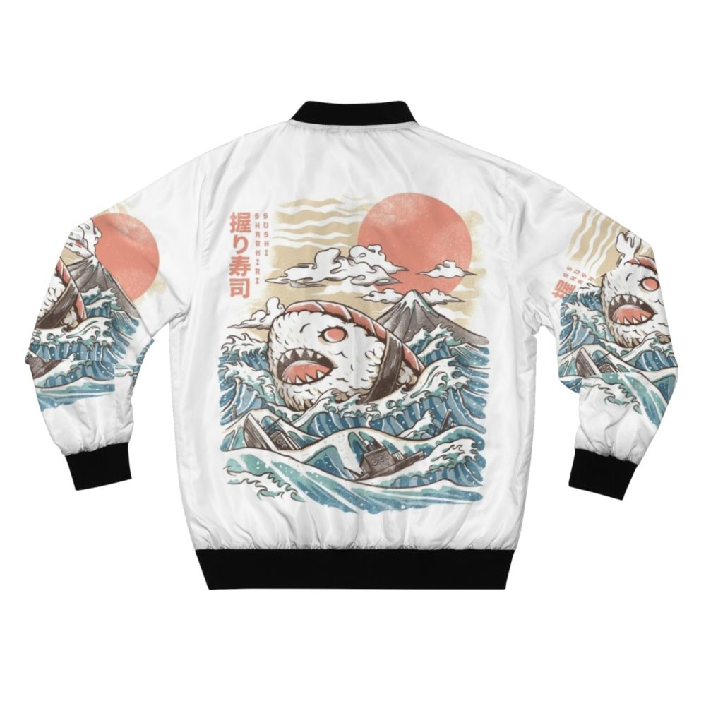 Sharkiri Sushi Anime Bomber Jacket with Shark, Sashimi, and Japanese Wave Patterns - Back