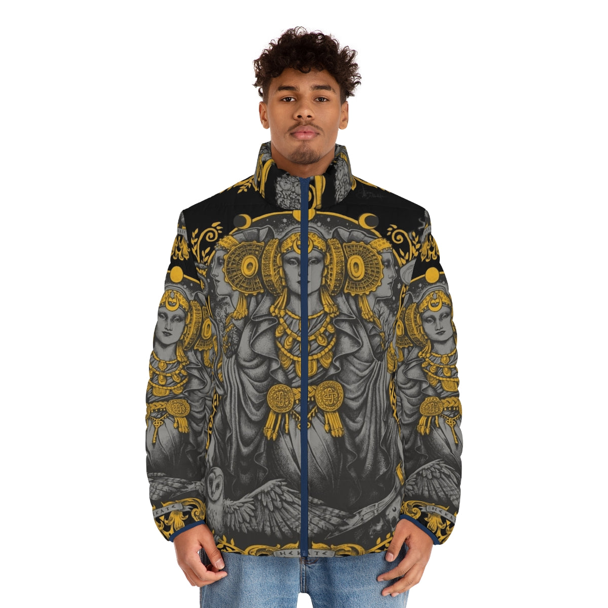 Iberian Hecate Gray Puffer Jacket featuring the iconic Lady of Elche and Hecate symbolism - men front