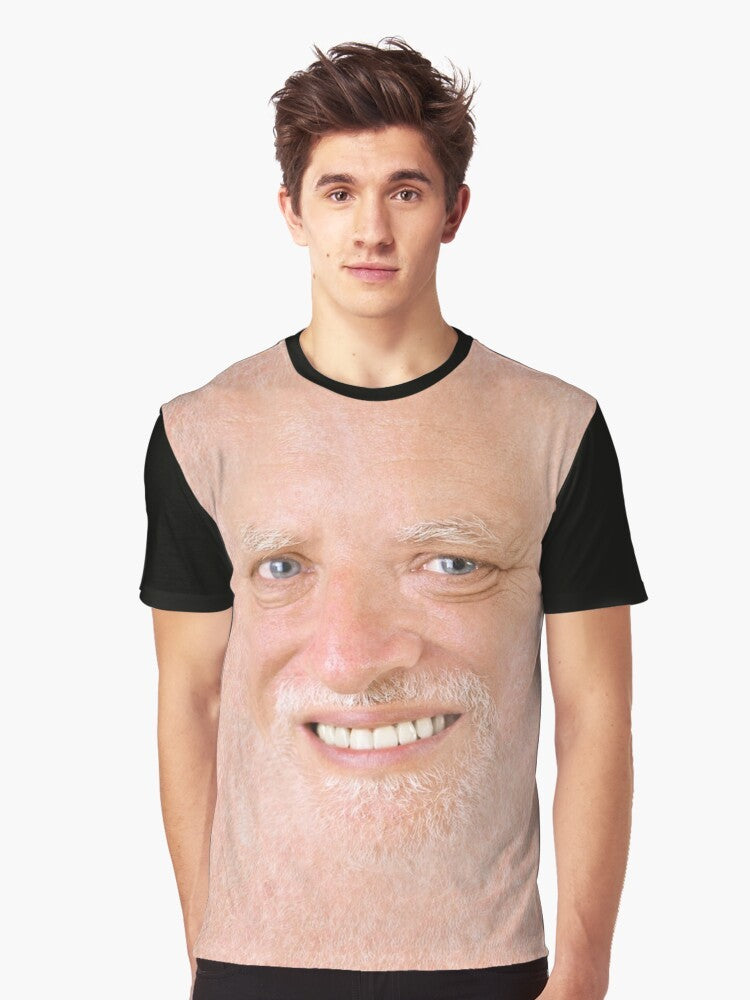 A graphic t-shirt featuring the "Hide The Pain Harold" meme, a popular internet meme of an older man smiling awkwardly. - Men