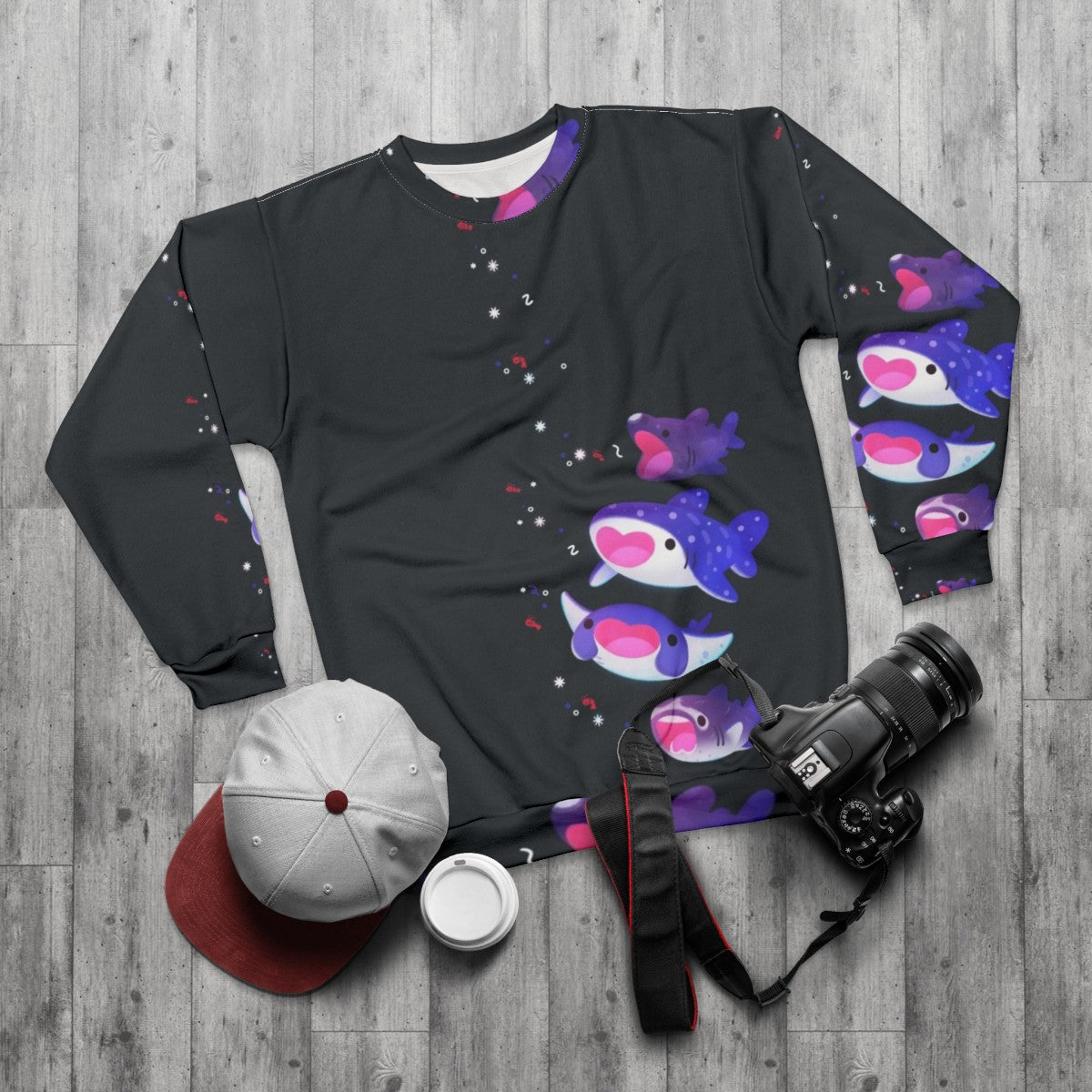 Plankton-Loving Sweatshirt with Whale Shark, Basking Shark, and Ray Design - flat lay