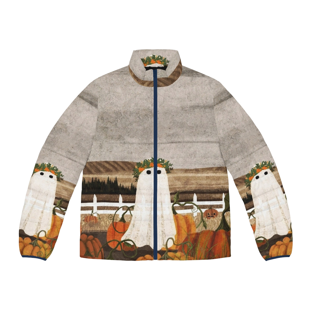 Puffer jacket with a vintage-inspired ghost and pumpkins in a haunted landscape