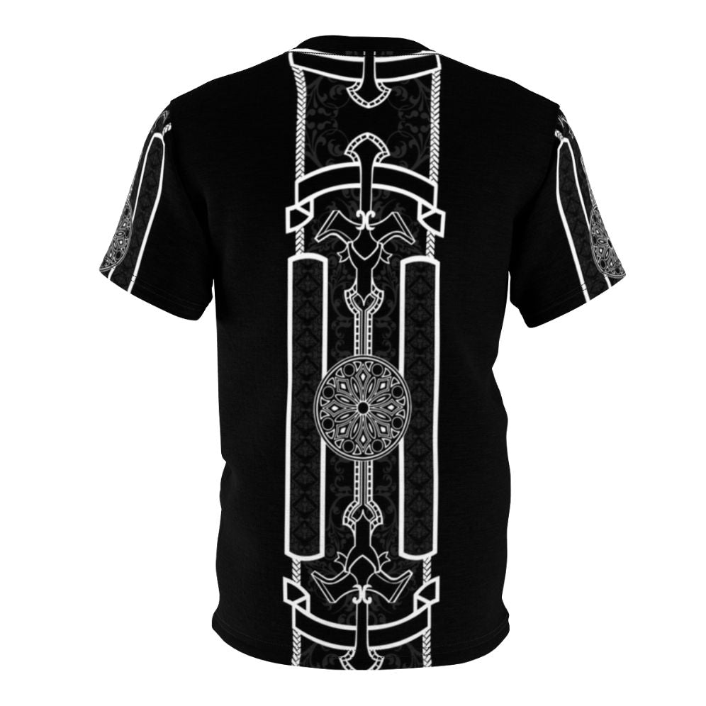 Stylized t-shirt design featuring the fantasy army uniform and insignia from the Final Fantasy XV video game series. - Back