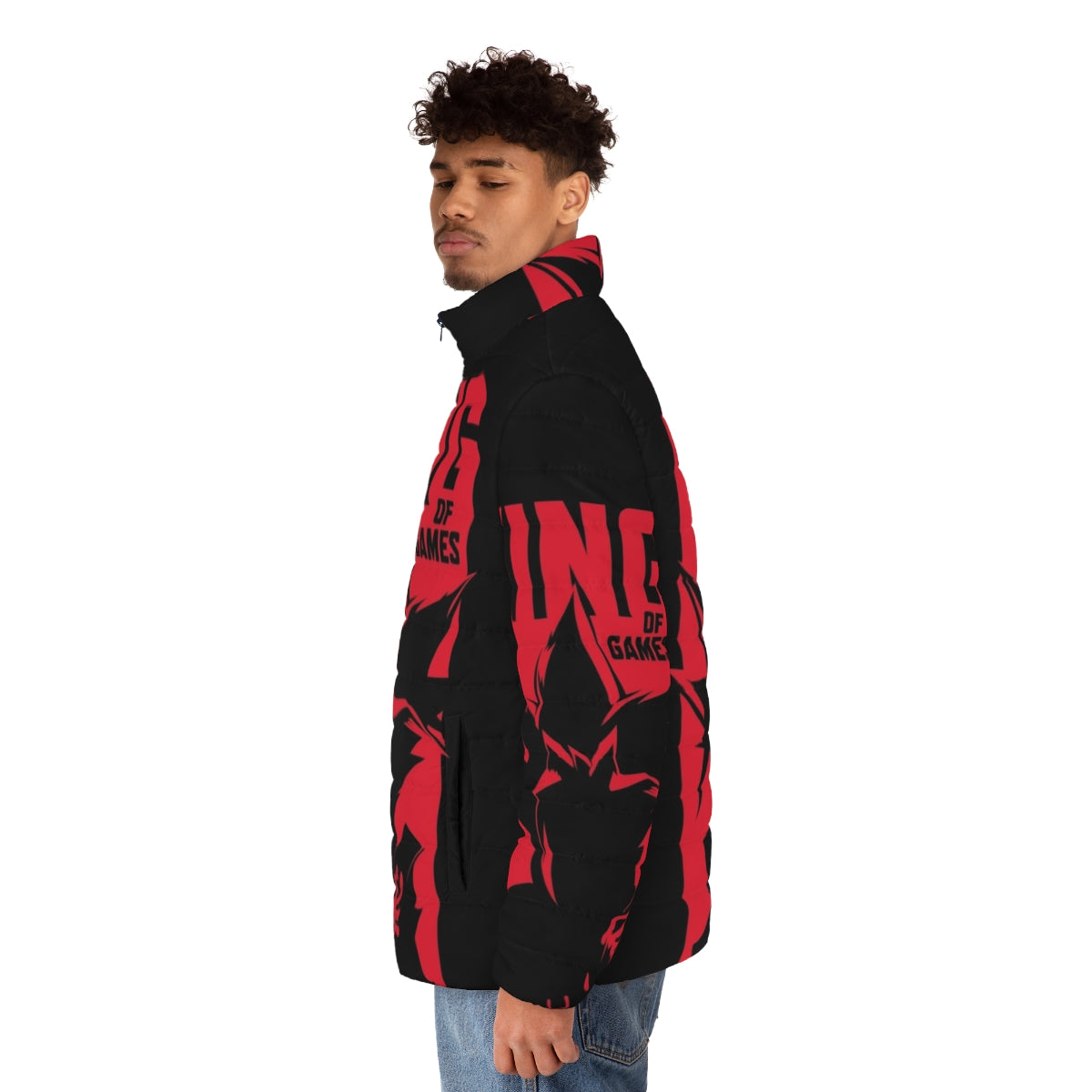 King of Games Puffer Jacket featuring Yu-Gi-Oh! characters and symbols - men side left