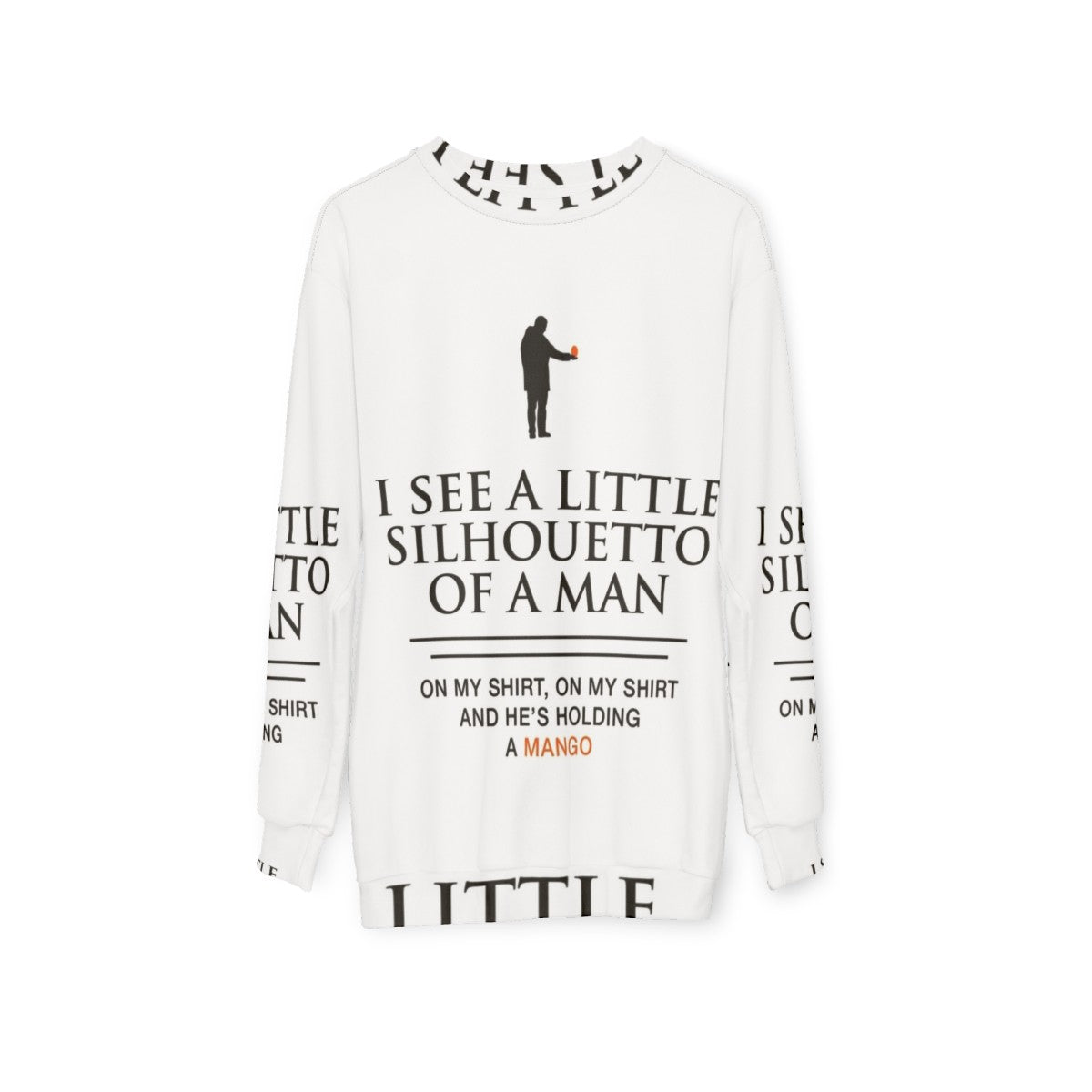 Mango-themed sweatshirt with funny music lyrics - hanging