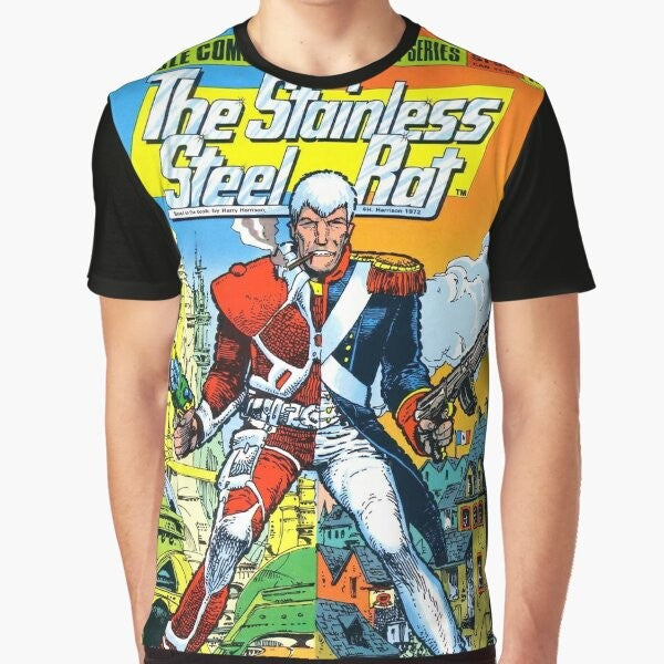 A graphic t-shirt featuring the cover art of "The Stainless Steel Rat Issue 3", a science fiction design with a retro, vintage style.