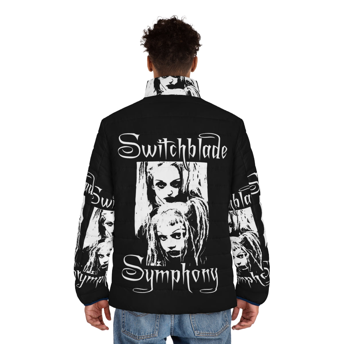 Switchblade Symphony puffer jacket featuring a dark, gothic design perfect for the cold winter months - men back