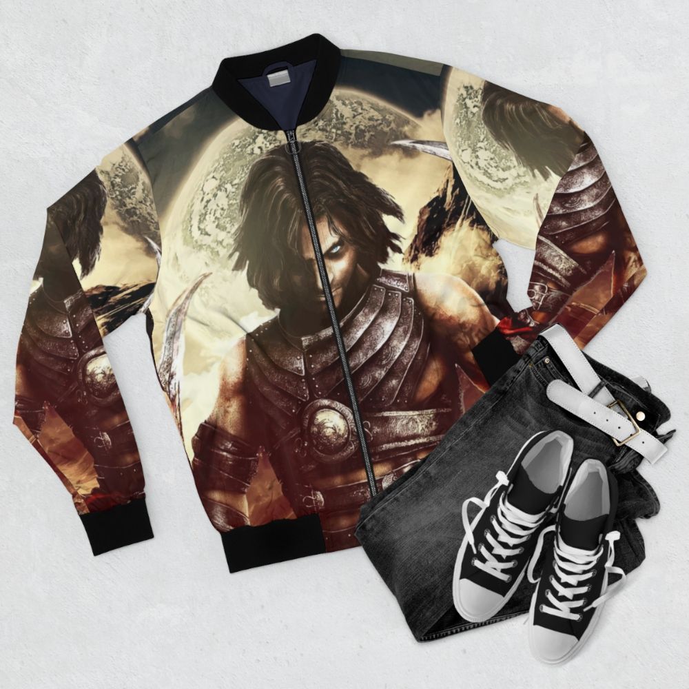 Prince of Persia fantasy-inspired bomber jacket with swords, landscapes, and the prince character - Flat lay