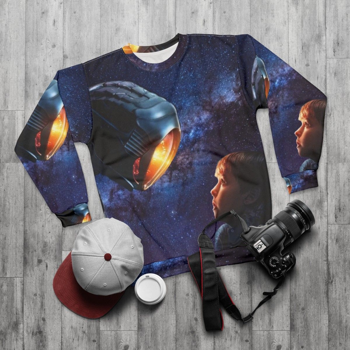 Lost in Space Sci-Fi Sweatshirt with Retro Futuristic Design - flat lay