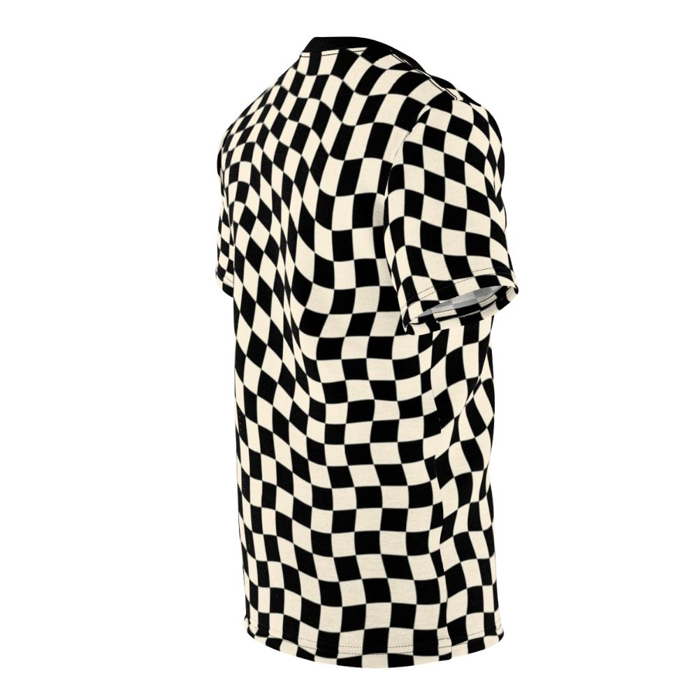 Stylish t-shirt featuring a vibrant wavy checkerboard pattern design - men right