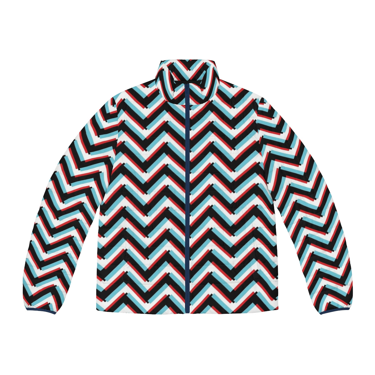 Stereoscopic chevron puffer jacket with zig zag pattern, abstract design inspired by David Lynch