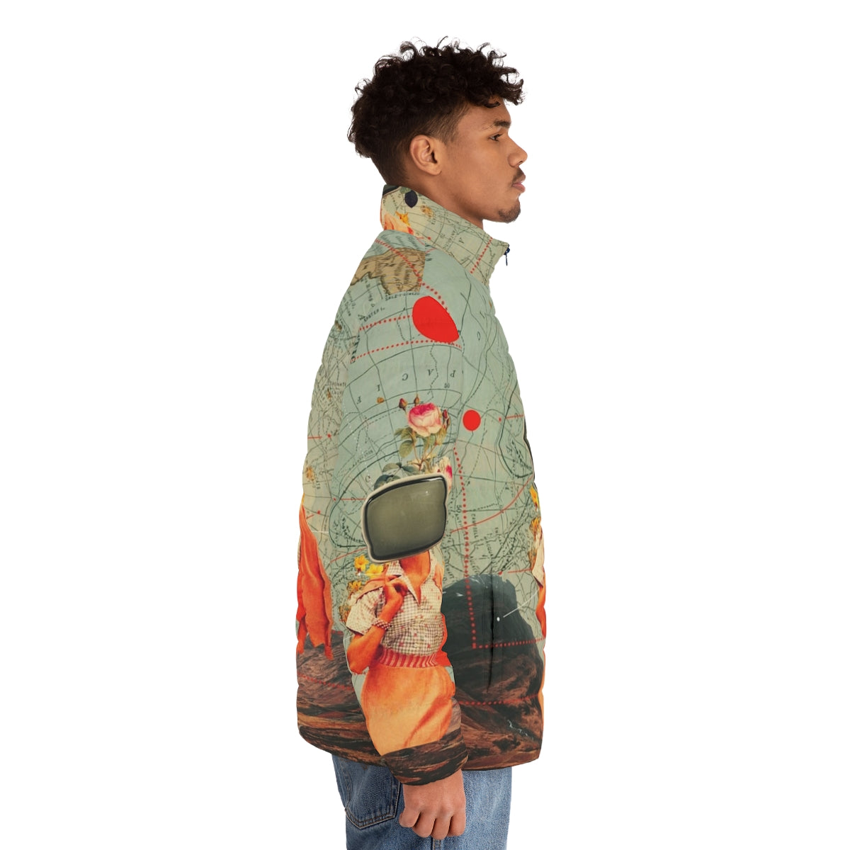 Retro graphic design puffer jacket with surreal collage elements - men side right