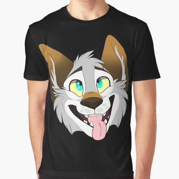 Smiling cartoon wolf graphic on a t-shirt