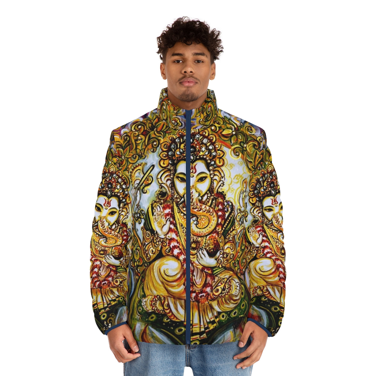 Lord Ganesha Puffer Jacket featuring the elephant god in a colorful, mythological design - men front