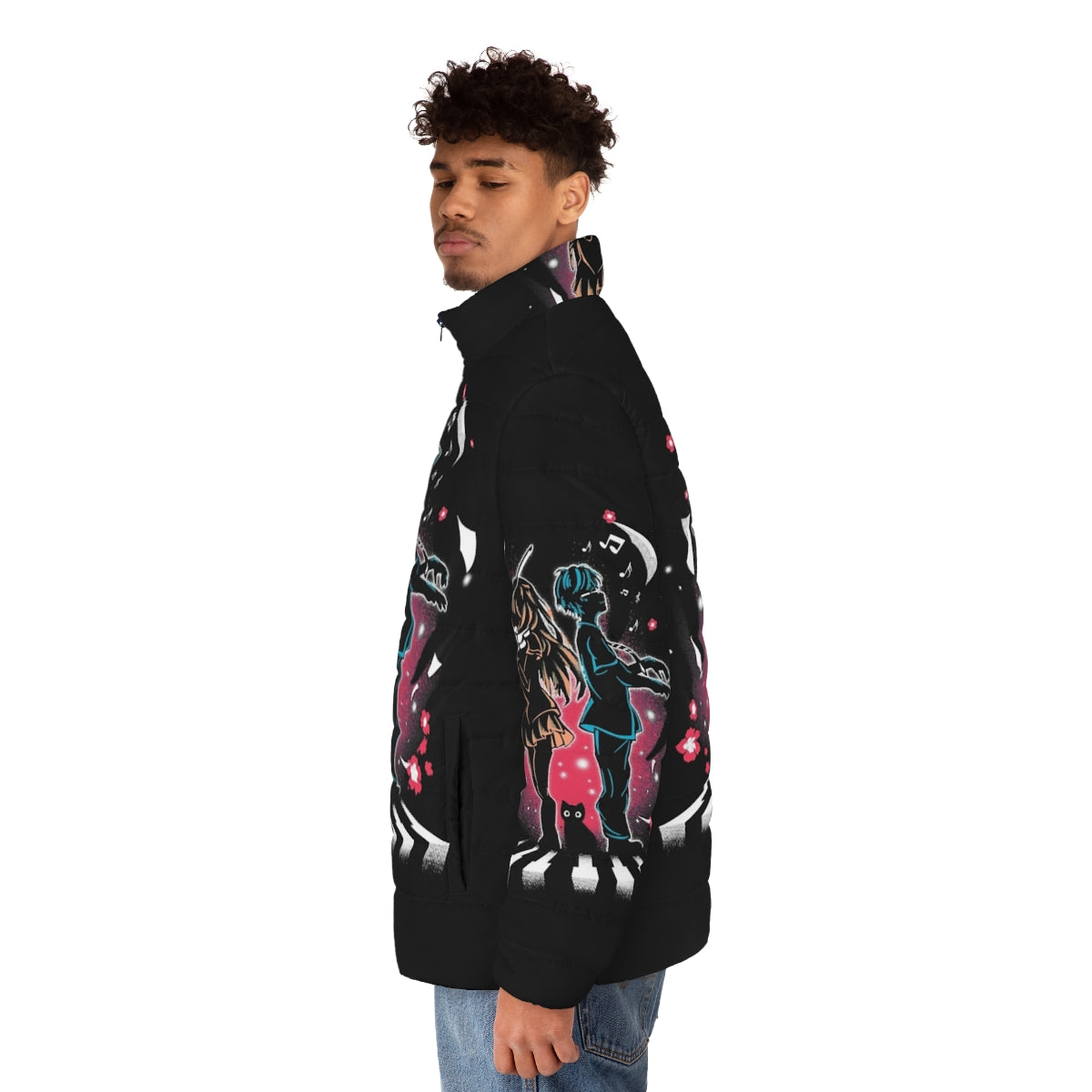 "Lie In April" Puffer Jacket with Anime Inspired Design - men side left