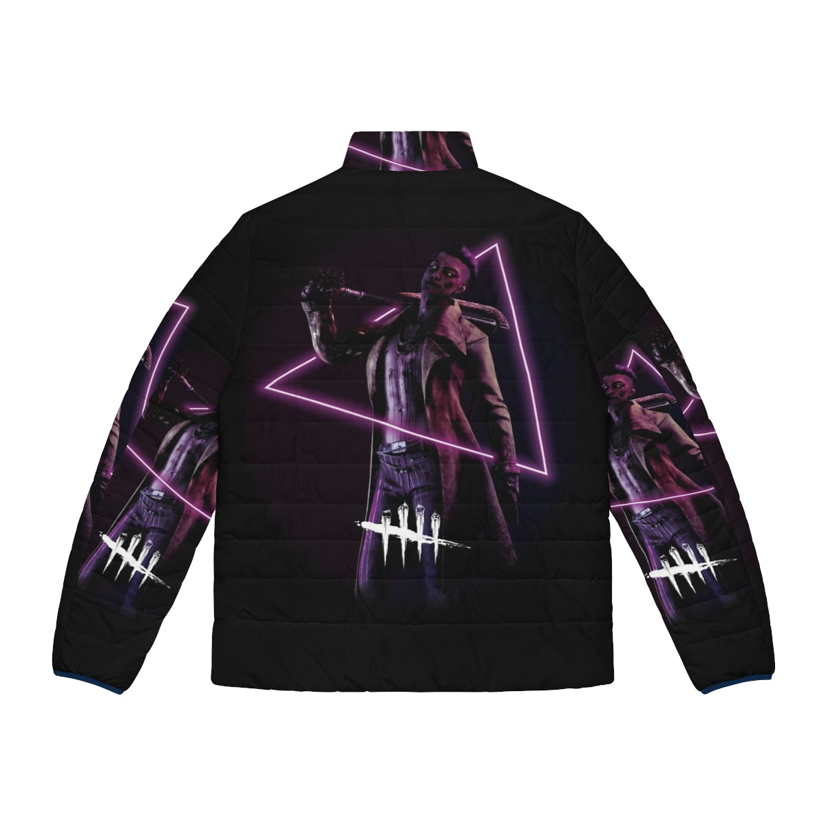 Dark neon puffer jacket with Trickster inspired design, perfect for deadbydaylight fans and gamers - Back