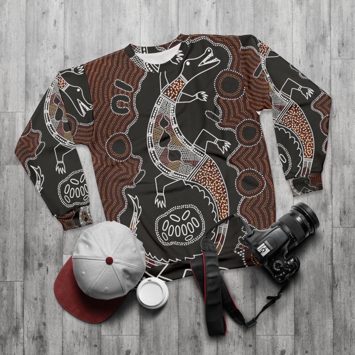 Authentic Aboriginal Art Crocodile Design Sweatshirt - flat lay